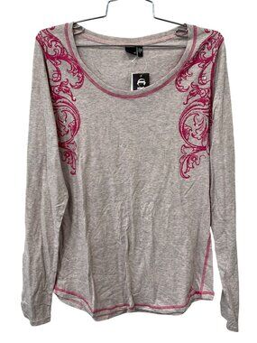 Cruel Graphic T-Shirt XL Long Sleeve Embellished Tee Gray Pink Western NEW